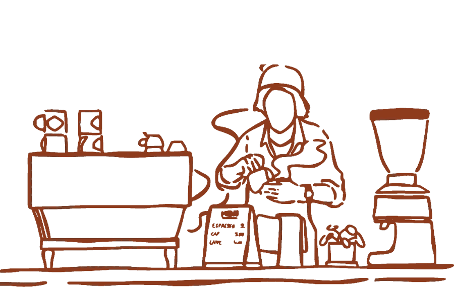 Ilustración de un barista preparando café en la barra de Bruna